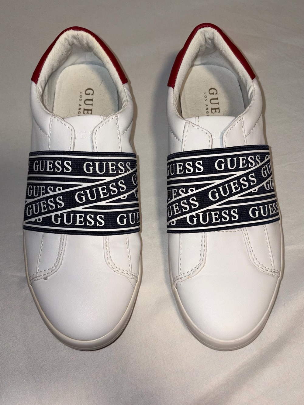 Guess White Sneakers with Navy Logo Band and Red Heel